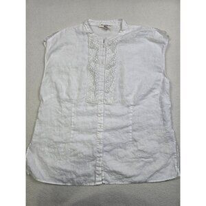 Marisa Christina Womens 2X White 100% Linen Button-Up Sleeveless Top Lace Detail